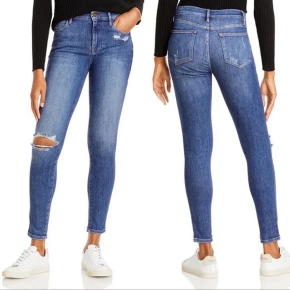 FRAME Le High Skinny Jeans Saxon Wash Distressed Stretch